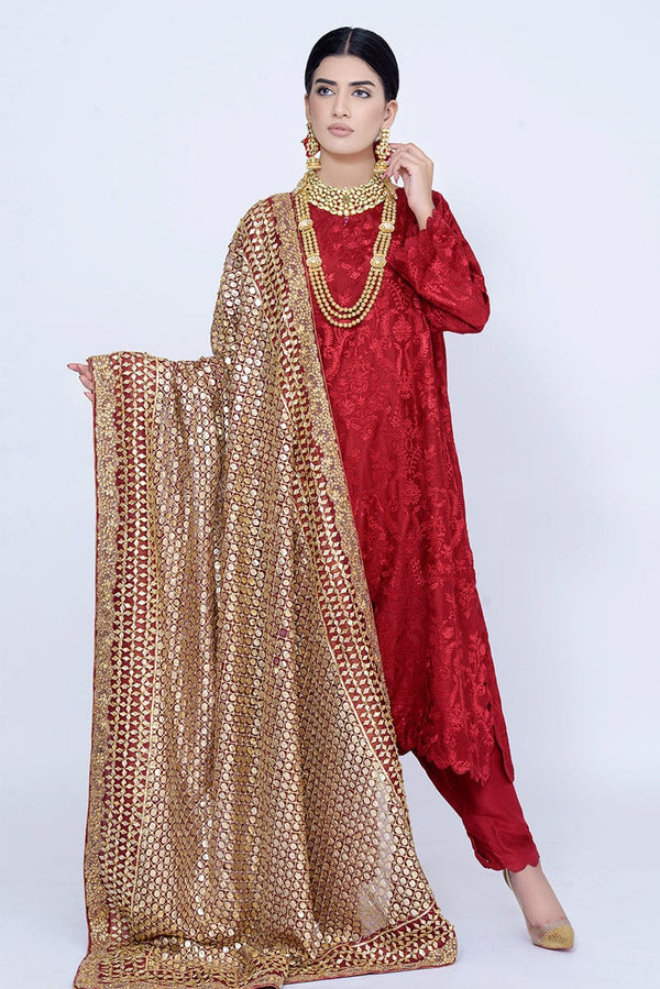 Cherry Red Gotta Shawl on Organza Base - Komal Nasir