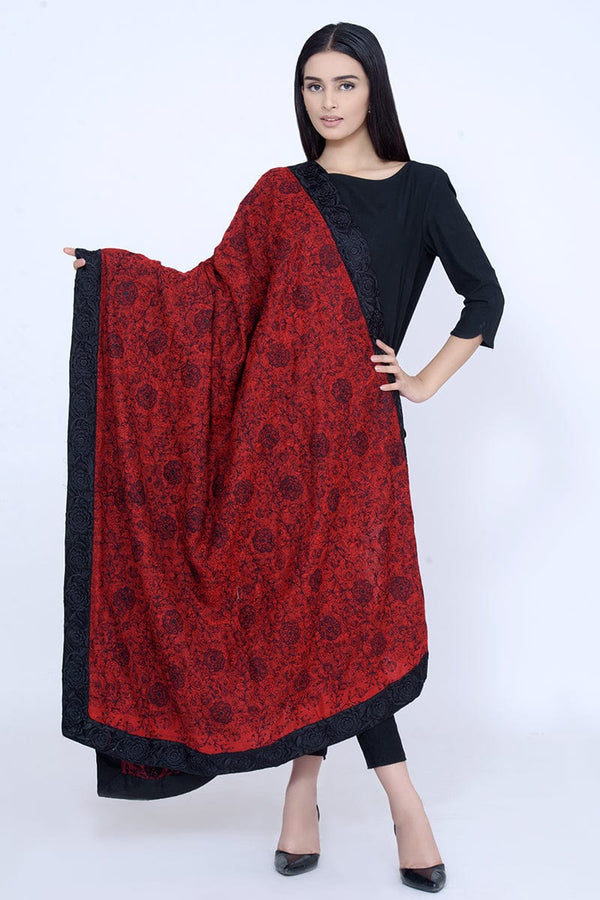 Deep Red Pashmina Floral Pattern Shawl - Komal Nasir