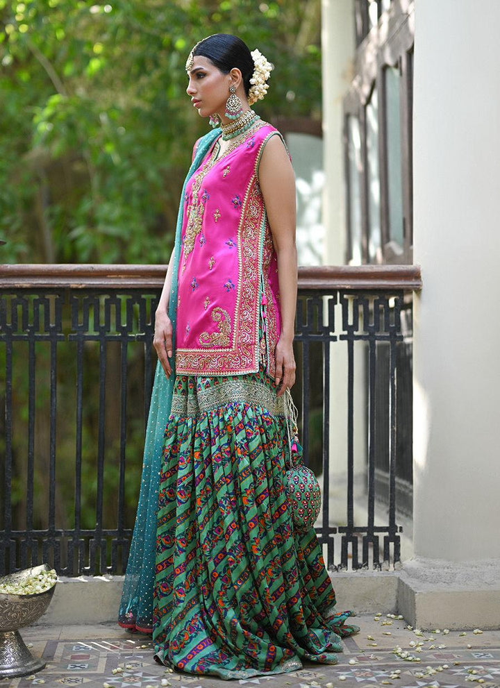 ELENA RANI PINK SHIRT WITH BLOCK PRINTED GHARARA - Farah Talib Aziz - Mehndi - raniazara