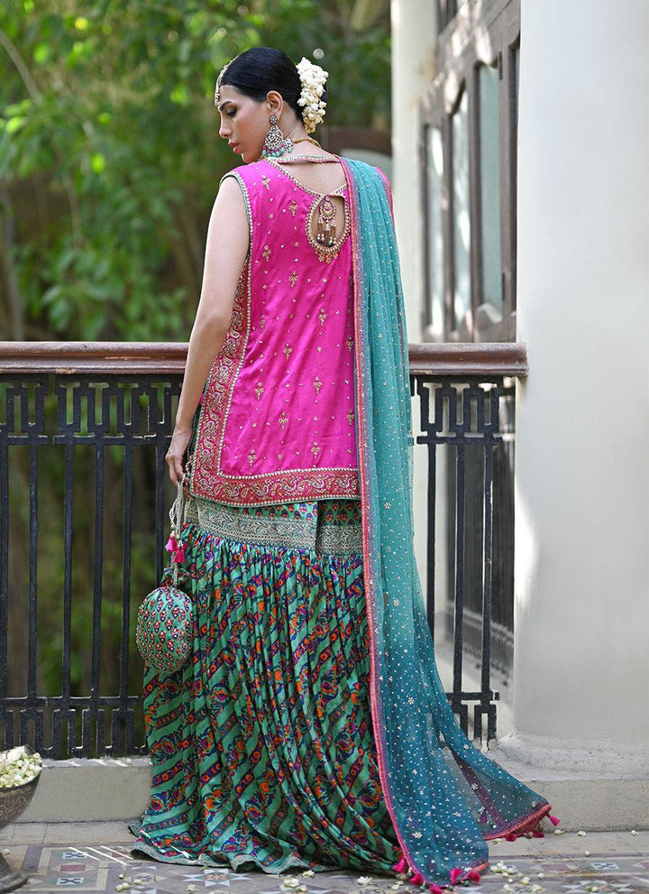 ELENA RANI PINK SHIRT WITH BLOCK PRINTED GHARARA - Farah Talib Aziz - Mehndi - raniazara