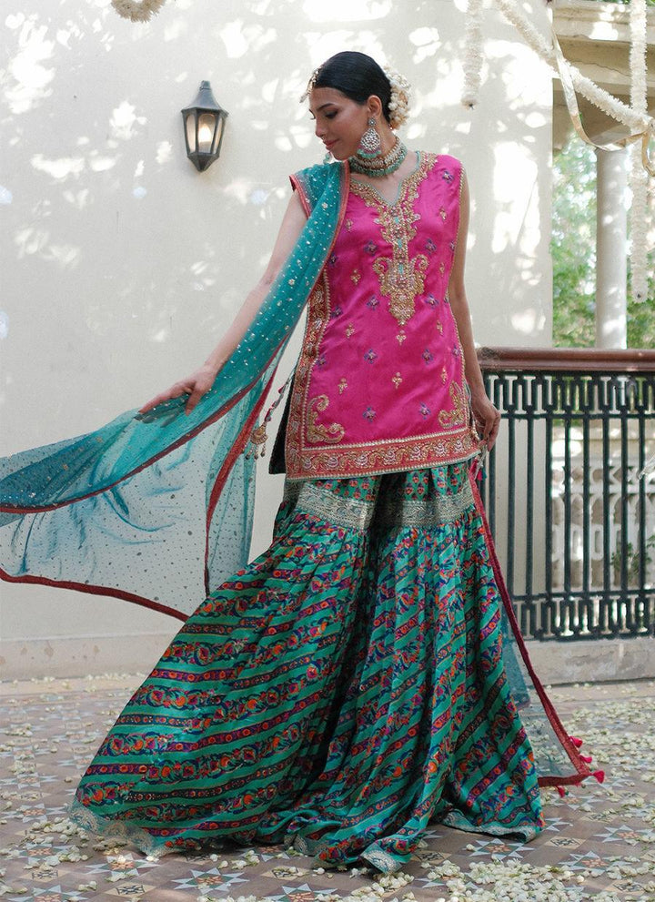 ELENA RANI PINK SHIRT WITH BLOCK PRINTED GHARARA - Farah Talib Aziz - Mehndi - raniazara