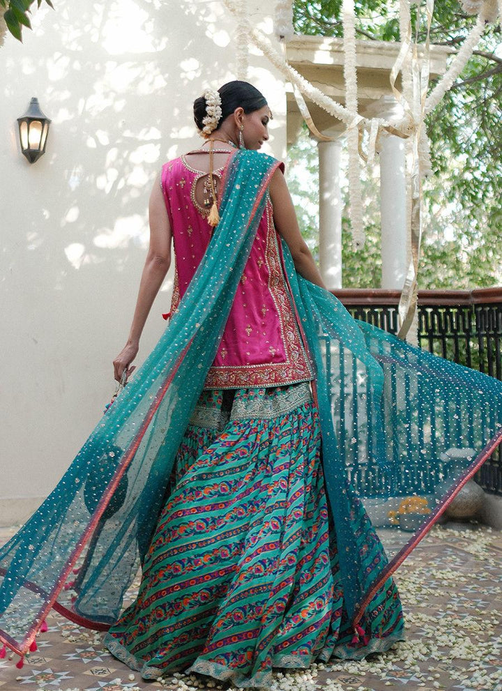 ELENA RANI PINK SHIRT WITH BLOCK PRINTED GHARARA - Farah Talib Aziz - Mehndi - raniazara