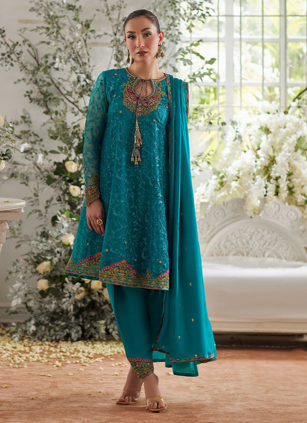 Ivalia Teal Shirt and Dupatta - Farah Talib Aziz - Casual Suit - Pret - raniazara