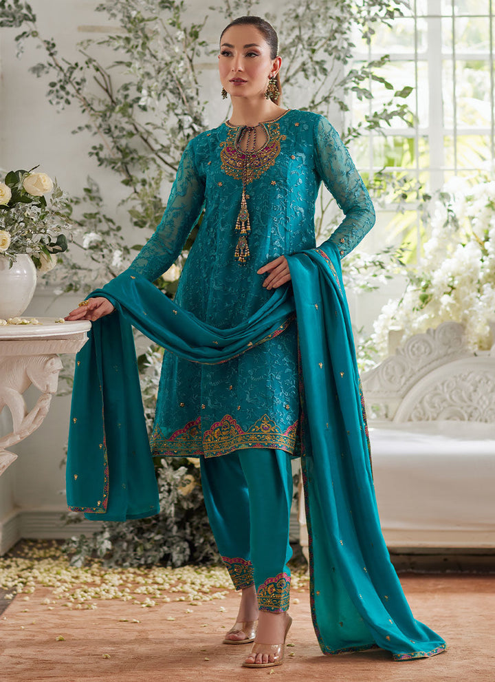 Ivalia Teal Shirt and Dupatta - Farah Talib Aziz - Casual Suit - Pret - raniazara