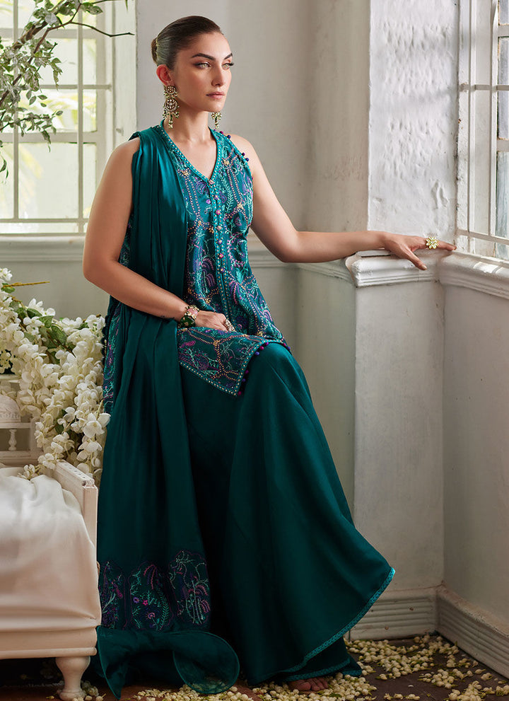 Ruya Emerald Shirt and Dupatta - Farah Talib Aziz - Casual Suit - Pret - raniazara