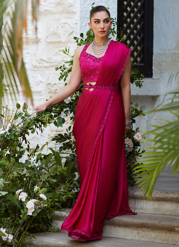 Vezeen Magenta Saree - Farah Talib Aziz - Casual Suit - Pret - raniazara