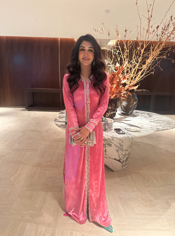 Blush Pink Velvet Embellished Long Dress
