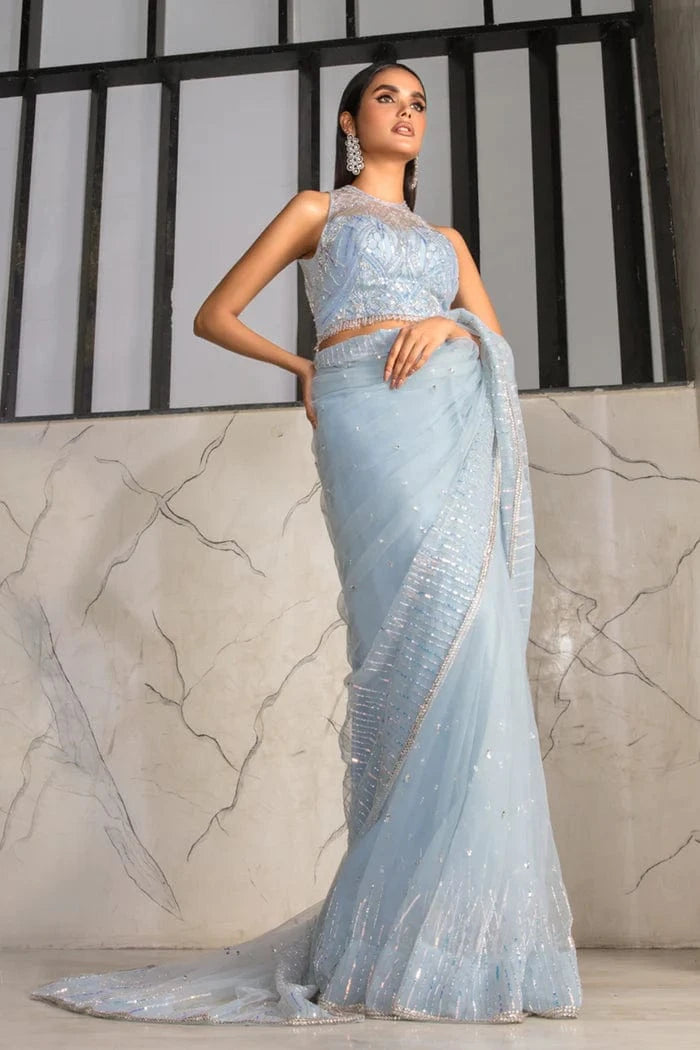 SC-006 Ice Blue Saree - Ayesha Shoaib Malik - Saree - raniazara